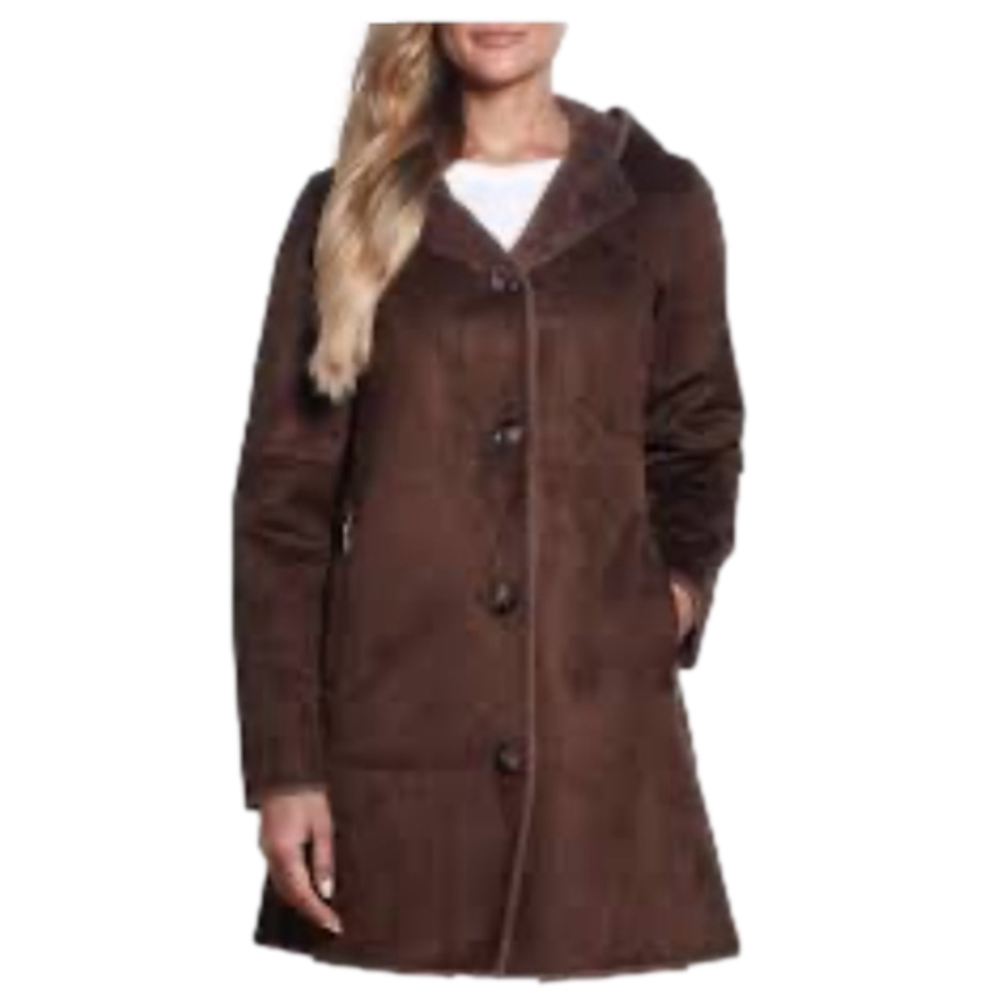 Gallery Faux-Suede faux fur warm lined coat size small brown